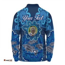 Australia Aboriginal Custom Long Sleeve Polo Shirt - Blue Aboriginal Dot With Fish Personalised Photo Long Sleeve Polo Shirt