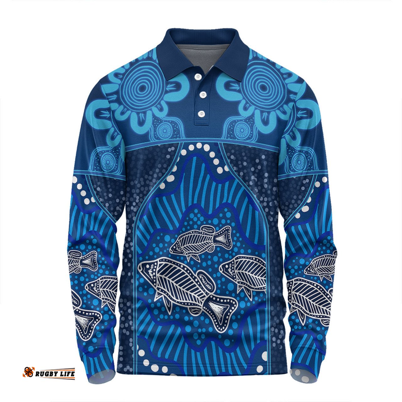 Australia Aboriginal Custom Long Sleeve Polo Shirt - Blue Aboriginal Dot With Fish Personalised Photo Long Sleeve Polo Shirt