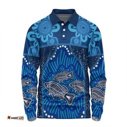 Australia Aboriginal Custom Long Sleeve Polo Shirt - Blue Aboriginal Dot With Fish Personalised Photo Long Sleeve Polo Shirt