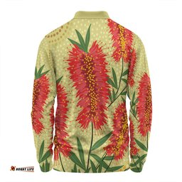 Australia Flowers Aboriginal Long Sleeve Polo Shirt - Aboriginal Painting Red Bottle Brush Tree Long Sleeve Polo Shirt