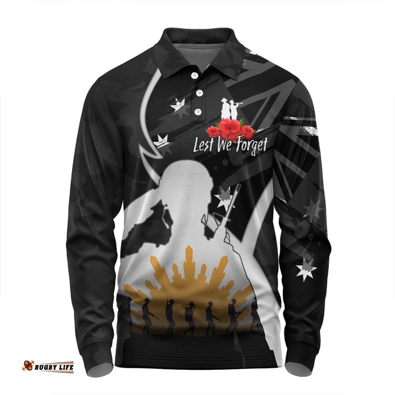 Australia Anzac Day Custom Long Sleeve Polo Shirt - Lest We Forget With Black Camouflage Pattern Long Sleeve Polo Shirt