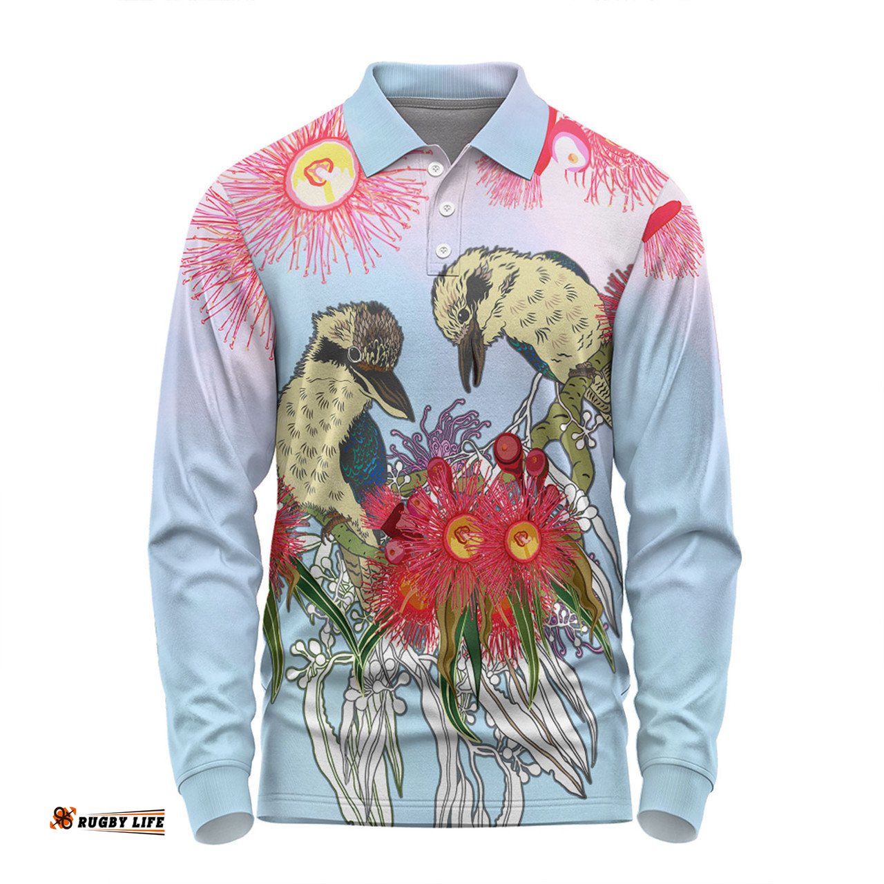 Australia Kookaburra Long Sleeve Polo Shirt - Couple Kookaburra With Eucalyptus Flower Art Long Sleeve Polo Shirt