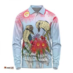 Australia Kookaburra Long Sleeve Polo Shirt - Couple Kookaburra With Eucalyptus Flower Art Long Sleeve Polo Shirt