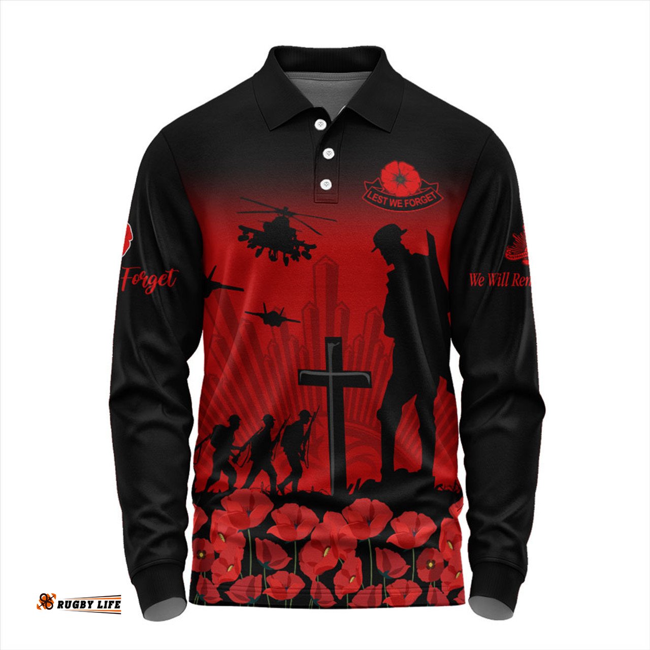 Australia Long Sleeve Polo Shirt Lest We Forget Red Poppies Special Style