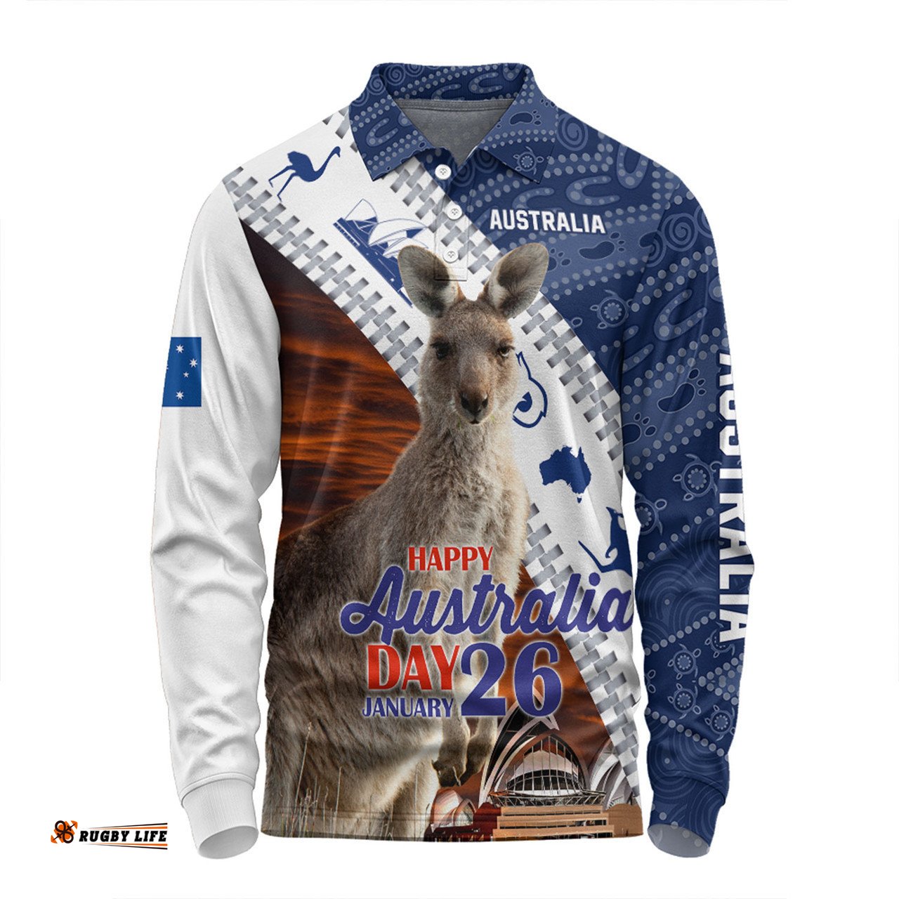 Australia Australia Day Custom Long Sleeve Polo Shirt - Kangaroo Happy Australia Day Aboriginal Pattern Long Sleeve Polo Shirt