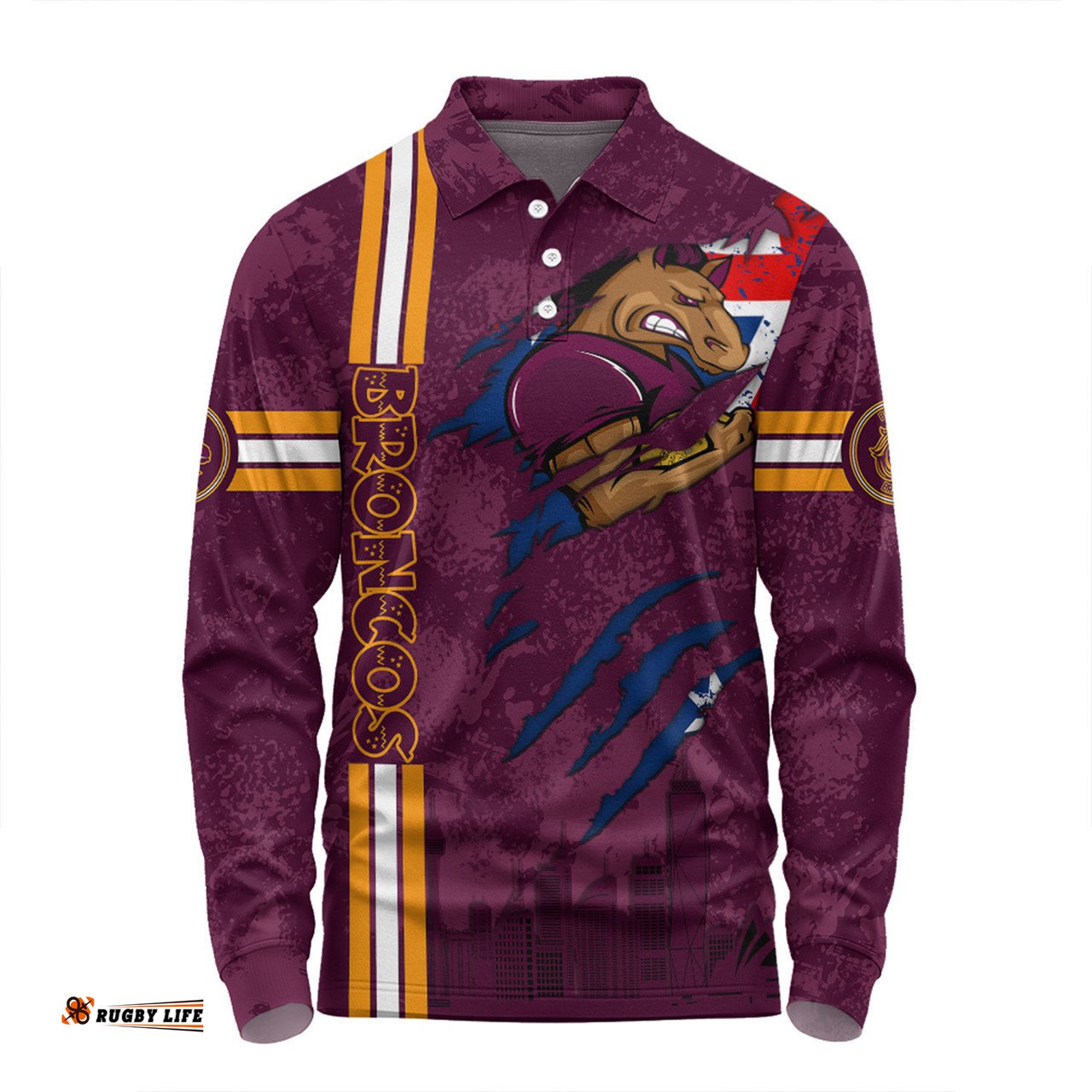 Brisbane Broncos Long Sleeve Polo Shirt - Happy Australia Day Flag Scratch Style