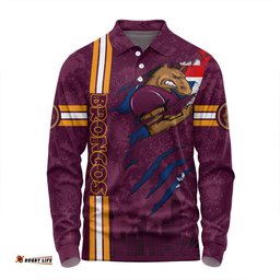 Brisbane Broncos Long Sleeve Polo Shirt - Happy Australia Day Flag Scratch Style