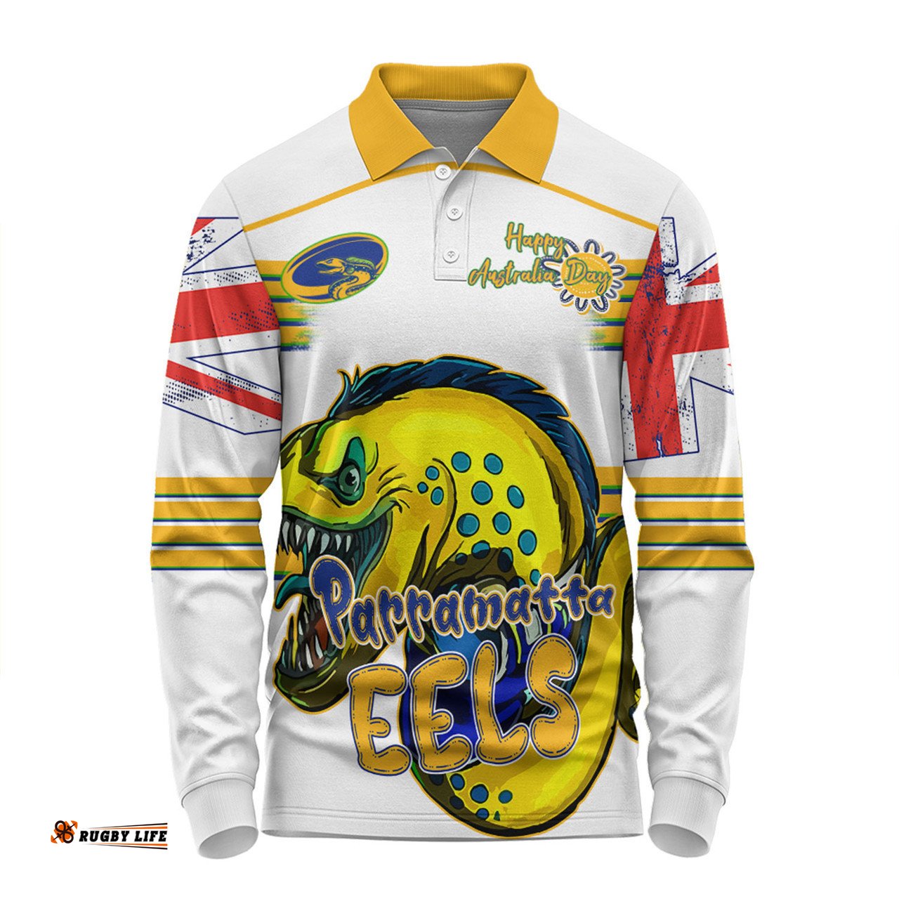 Parramatta Eels Long Sleeve Polo Shirt - Happy Australia Day We Are One And Free V2