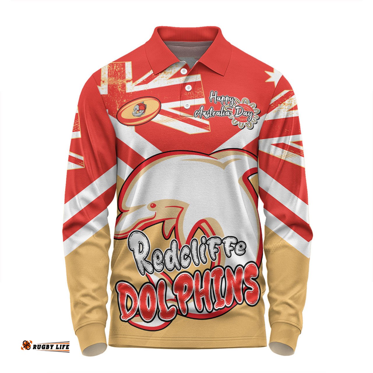 Redcliffe Dolphins Long Sleeve Polo Shirt - Happy Australia Day We Are One And Free