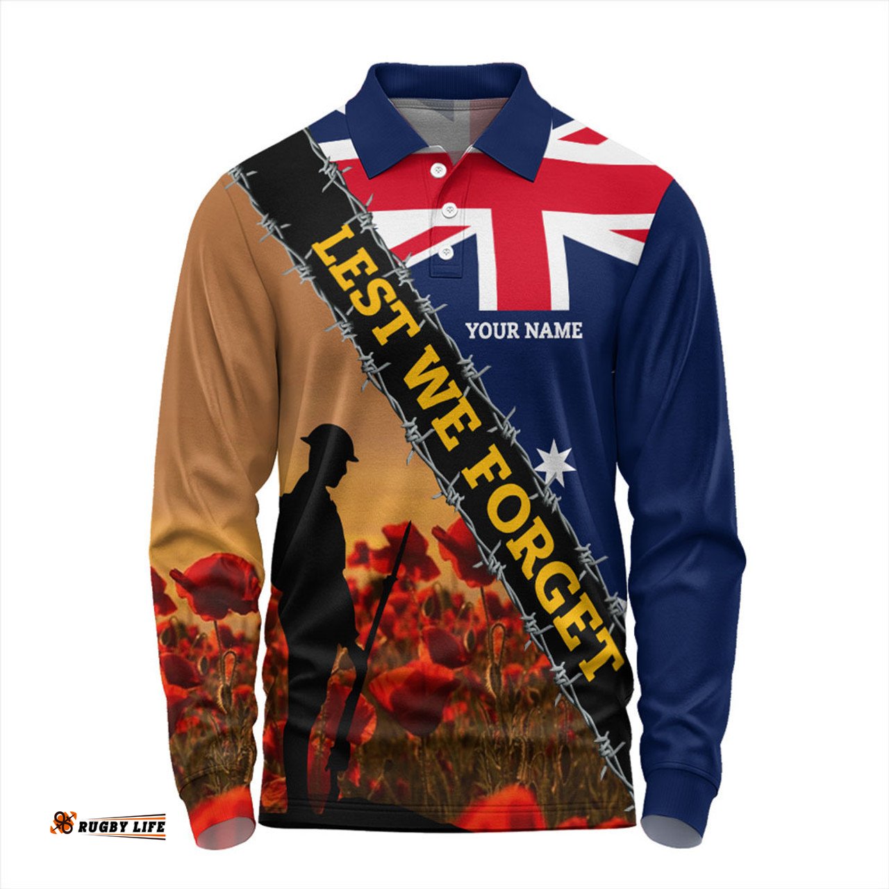 Australia Long Sleeve Polo Shirt Custom Anzac Day Let We Forget Barbed Wire