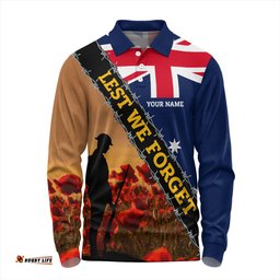 Australia Long Sleeve Polo Shirt Custom Anzac Day Let We Forget Barbed Wire