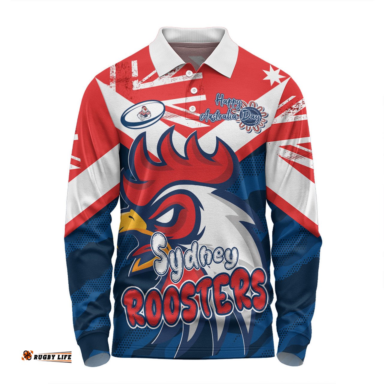 Sydney Roosters Long Sleeve Polo Shirt - Happy Australia Day We Are One And Free