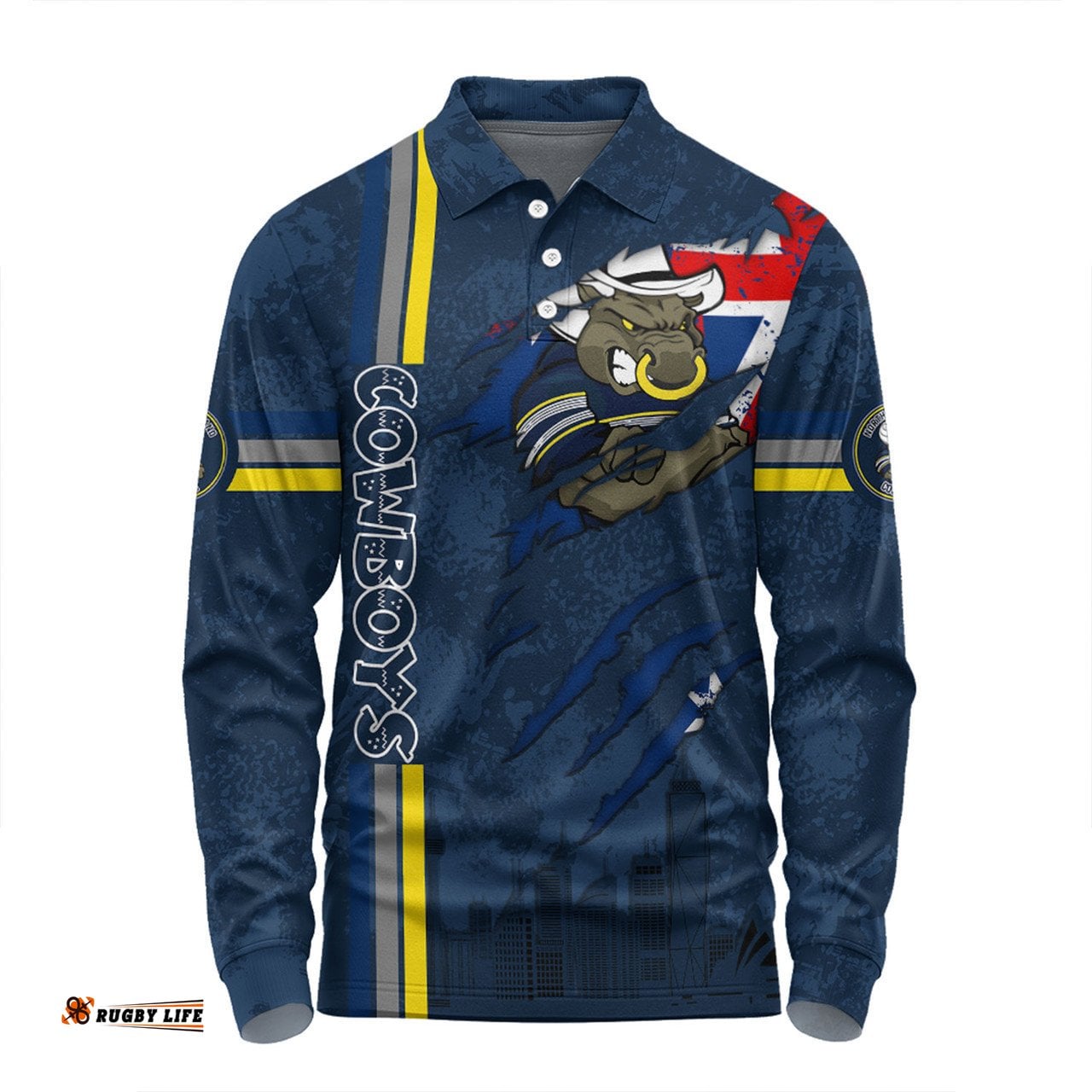 North Queensland Cowboys Long Sleeve Polo Shirt - Happy Australia Day Flag Scratch Style