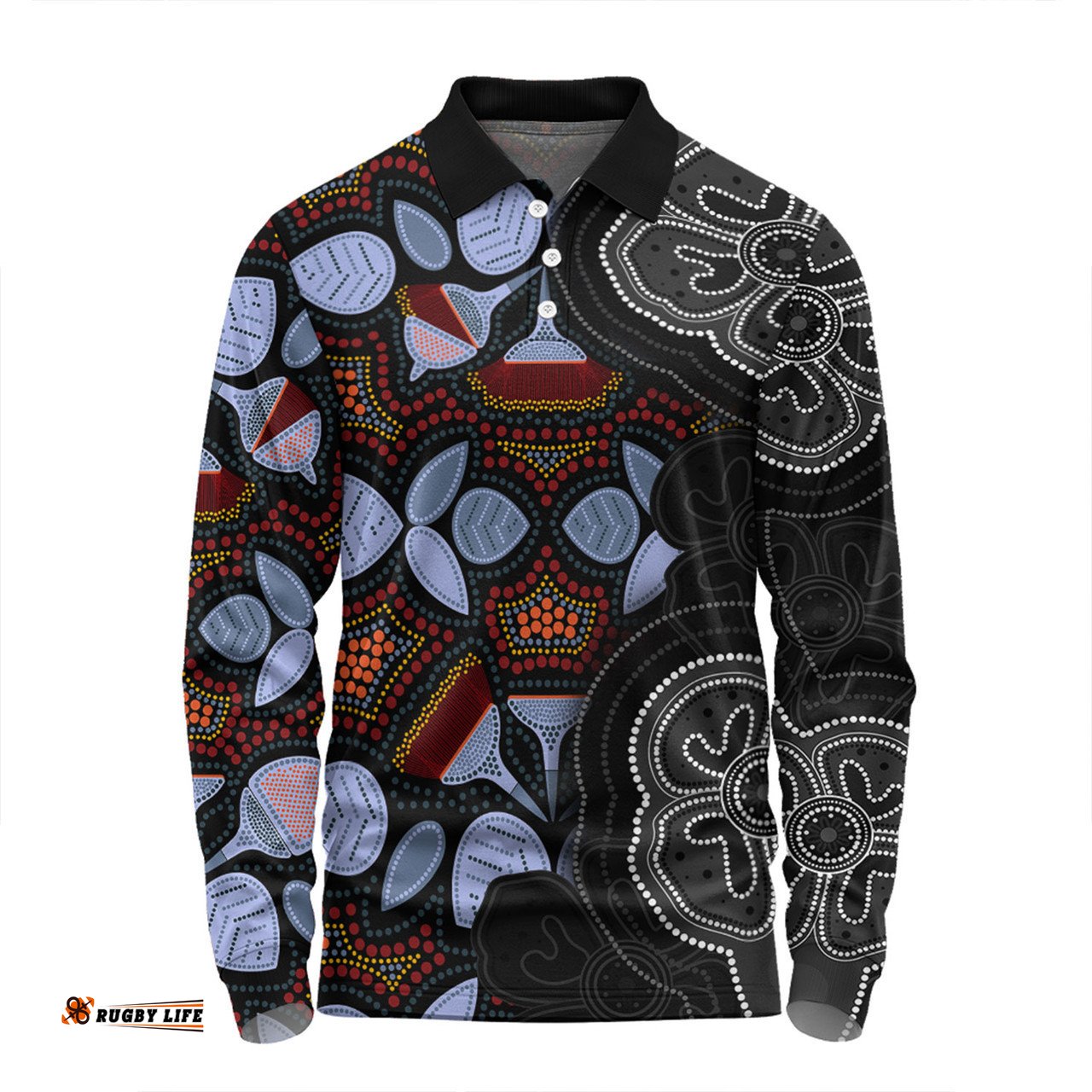 Australia Aboriginal Long Sleeve Polo Shirt - Eucalyptus Seamless Pattern In Aboriginal Dot Art Long Sleeve Polo Shirt