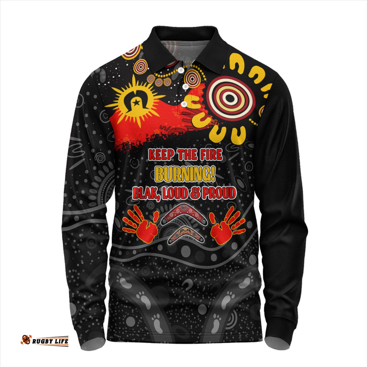 Australia Long Sleeve Polo Shirt Aboriginal Indigenous Naidoc Week Dreamtime Dot Painting With Flag