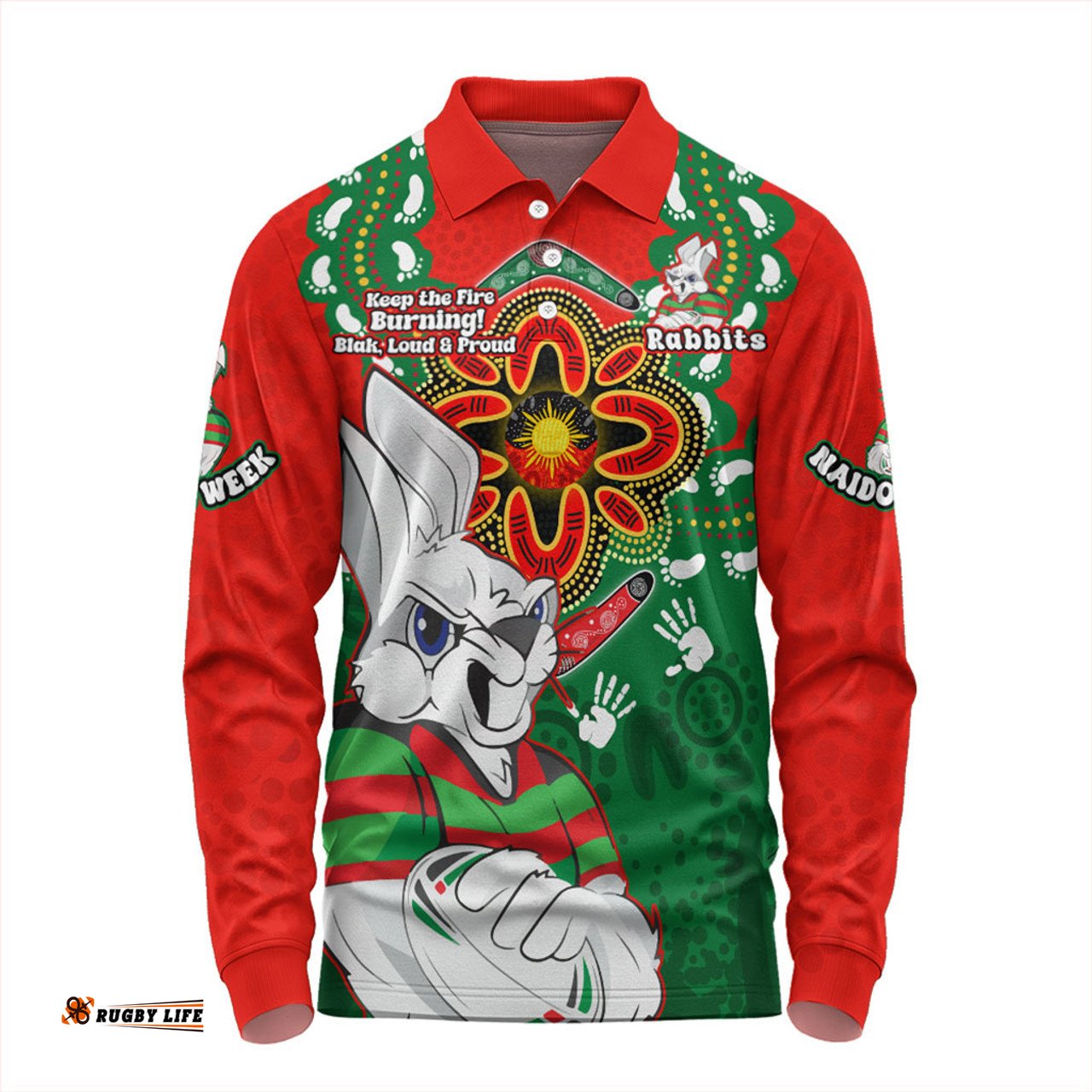 South Sydney Rabbitohs Long Sleeve Polo Shirt Aboriginal Inspired Naidoc Symbol Pattern