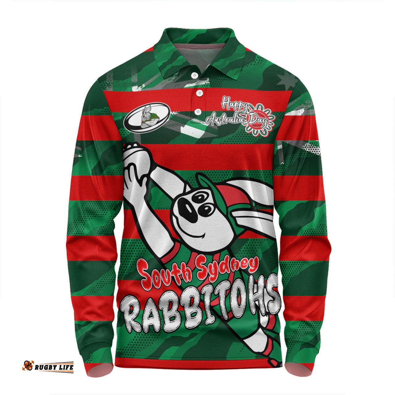 South Sydney Rabbitohs Long Sleeve Polo Shirt - Happy Australia Day We Are One And Free