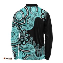 Australia Long Sleeve Polo Shirt Aboriginal Indigenous Dot Painting Turquoise
