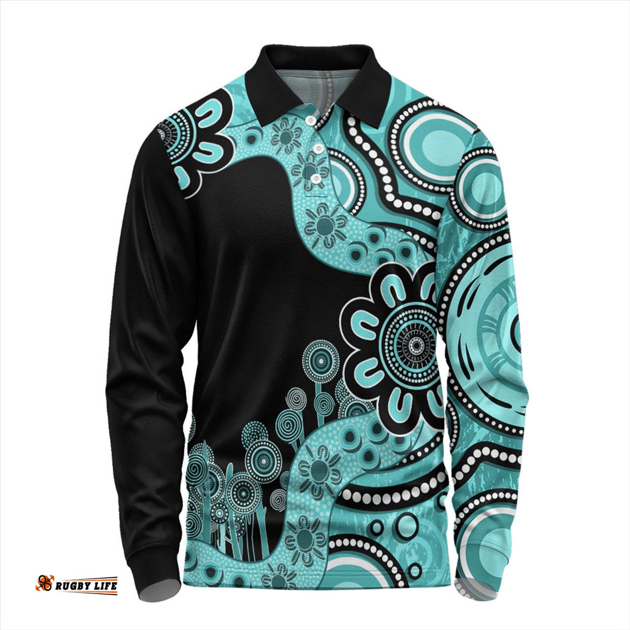 Australia Long Sleeve Polo Shirt Aboriginal Indigenous Dot Painting Turquoise