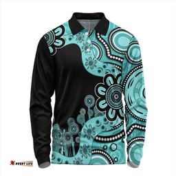 Australia Long Sleeve Polo Shirt Aboriginal Indigenous Dot Painting Turquoise
