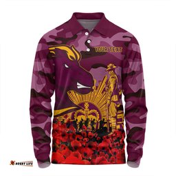 Brisbane Broncos Long Sleeve Polo Shirt - Brisbane Broncos Anzac Day Lest We Forget
