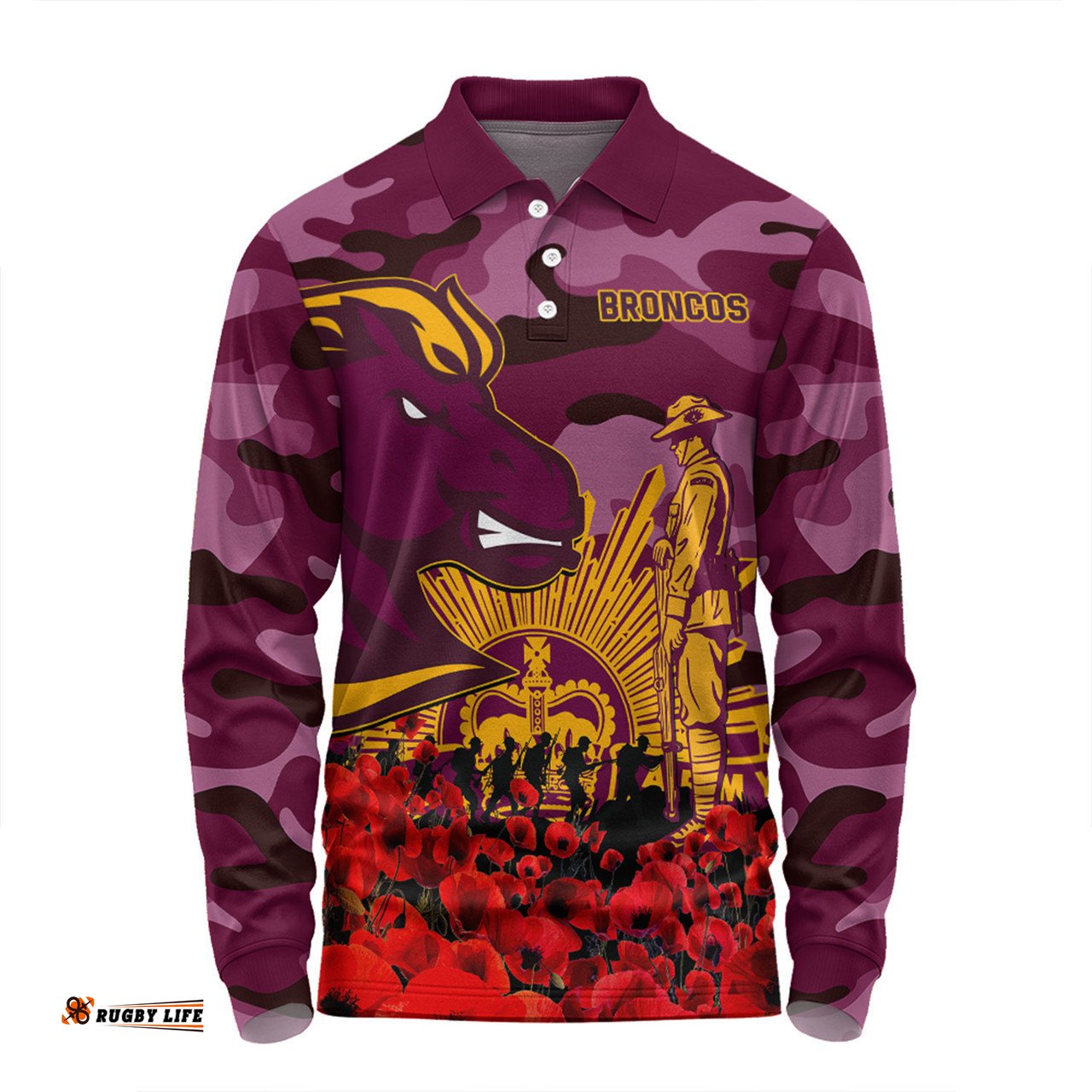 Brisbane Broncos Long Sleeve Polo Shirt - Brisbane Broncos Anzac Day Lest We Forget