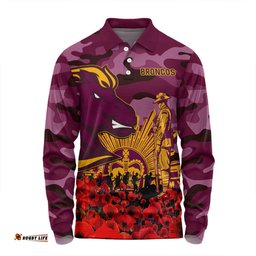 Brisbane Broncos Long Sleeve Polo Shirt - Brisbane Broncos Anzac Day Lest We Forget