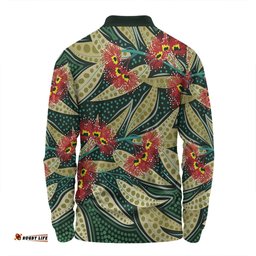 Australia Flowers Aboriginal Long Sleeve Polo Shirt - Aboriginal Dot Art of Australian Native Eucalyptus Plant Long Sleeve Polo Shirt