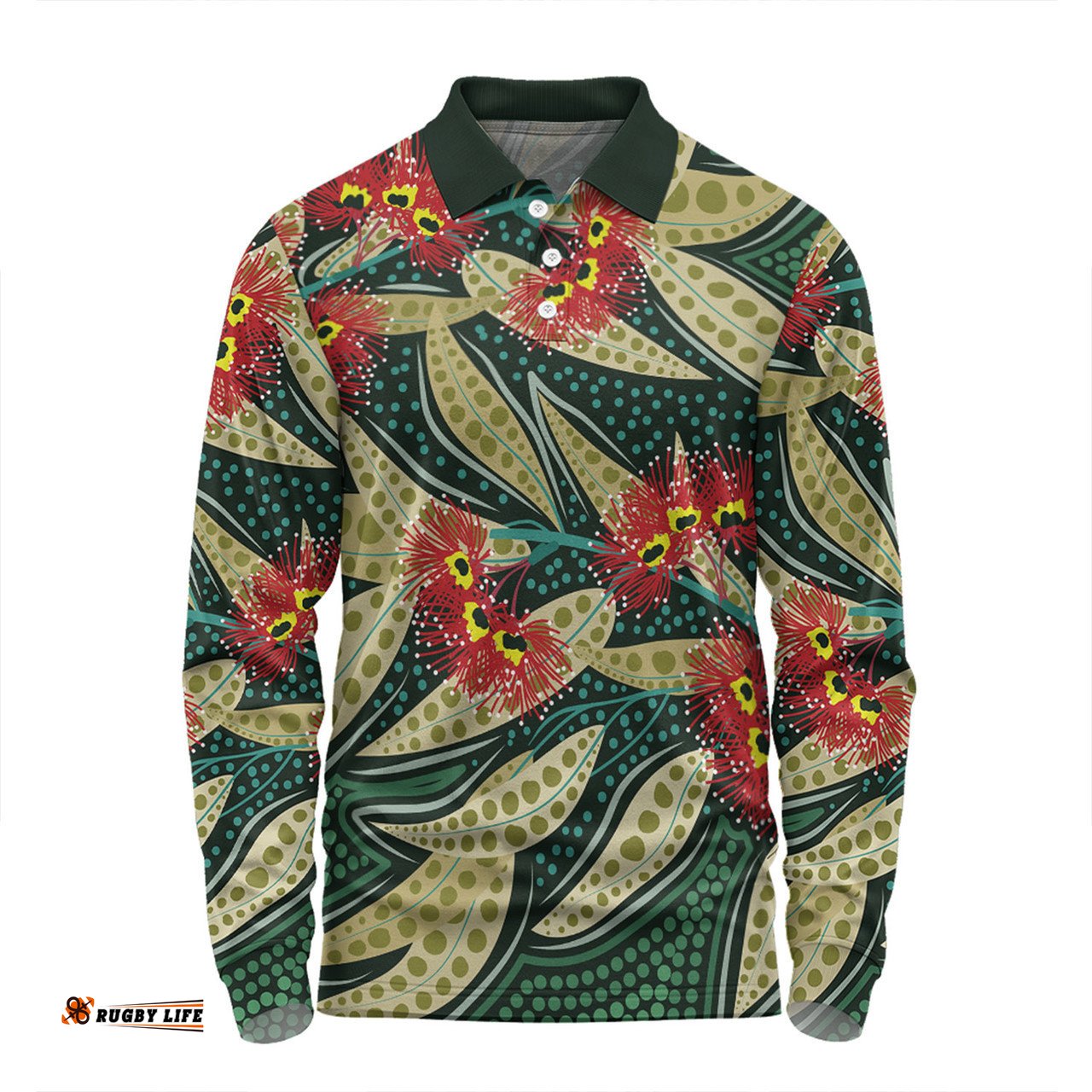 Australia Flowers Aboriginal Long Sleeve Polo Shirt - Aboriginal Dot Art of Australian Native Eucalyptus Plant Long Sleeve Polo Shirt