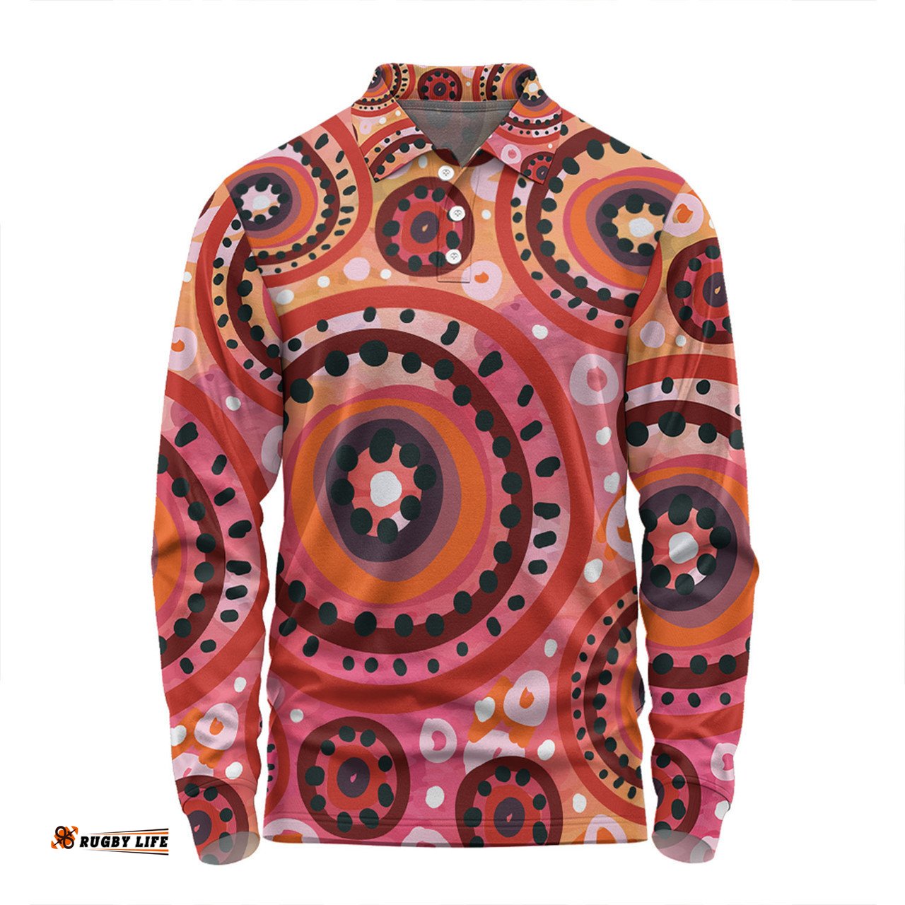 Australia Dot Painting Inspired Aboriginal Long Sleeve Polo Shirt - Circle In The Aboriginal Dot Art Style Long Sleeve Polo Shirt