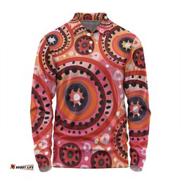 Australia Dot Painting Inspired Aboriginal Long Sleeve Polo Shirt - Circle In The Aboriginal Dot Art Style Long Sleeve Polo Shirt