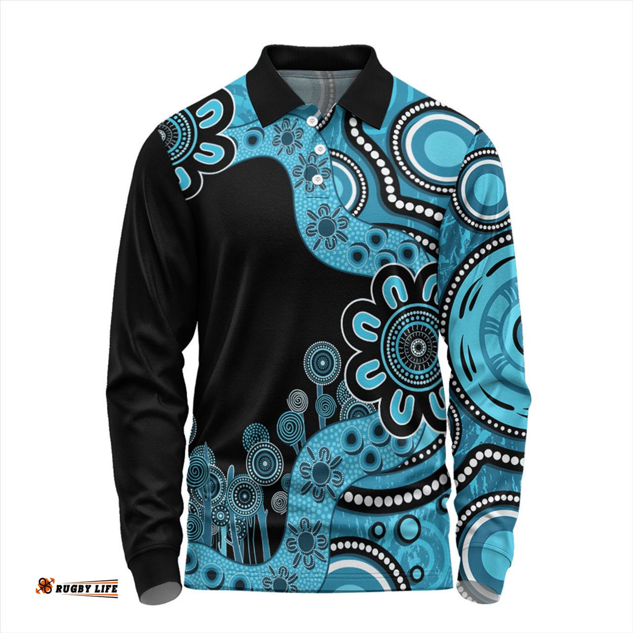 Australia Long Sleeve Polo Shirt Aboriginal Indigenous Dot Painting Blue