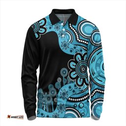 Australia Long Sleeve Polo Shirt Aboriginal Indigenous Dot Painting Blue