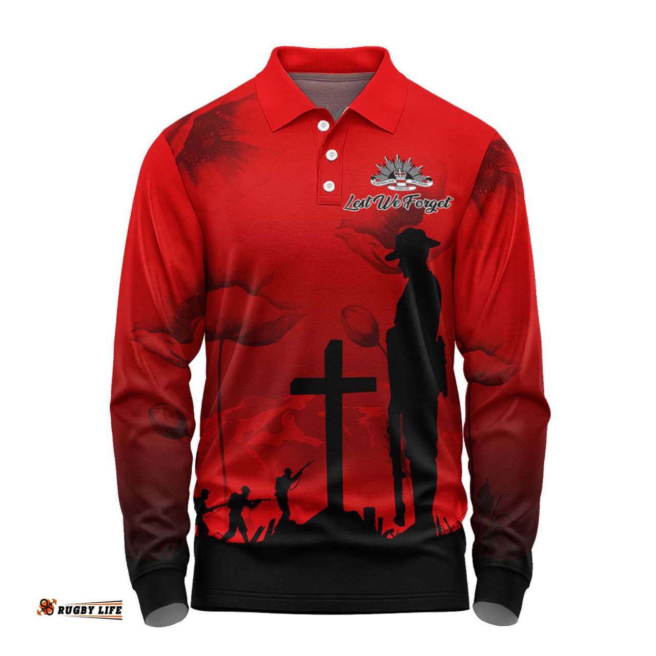 Australia Long Sleeve Polo Shirt Anzac Day Lest We Forget Red Poppy