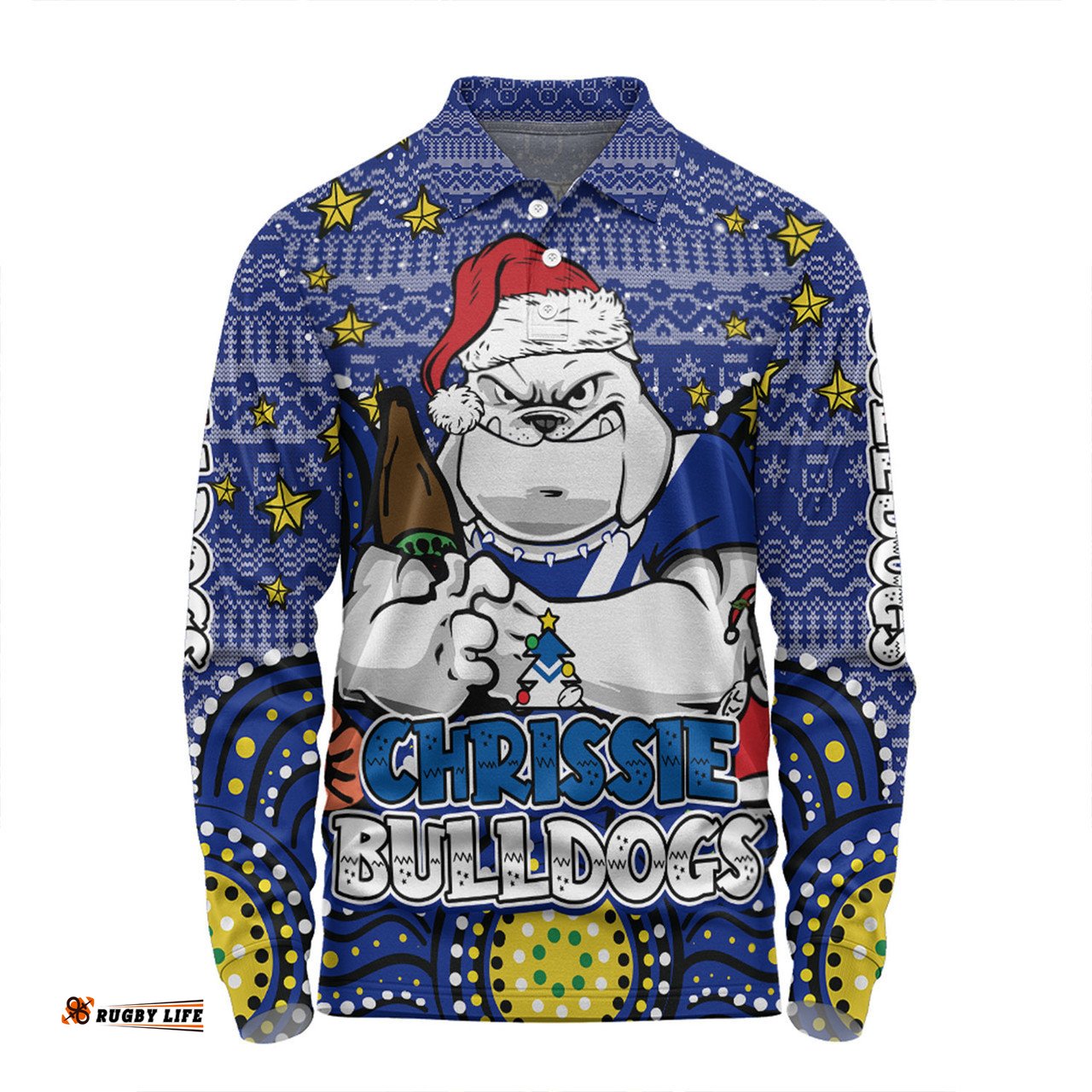Canterbury-Bankstown Bulldogs Christmas Custom Long Sleeve Polo Shirt - Christmas Knit Patterns Vintage Jersey Ugly Long Sleeve Polo Shirt