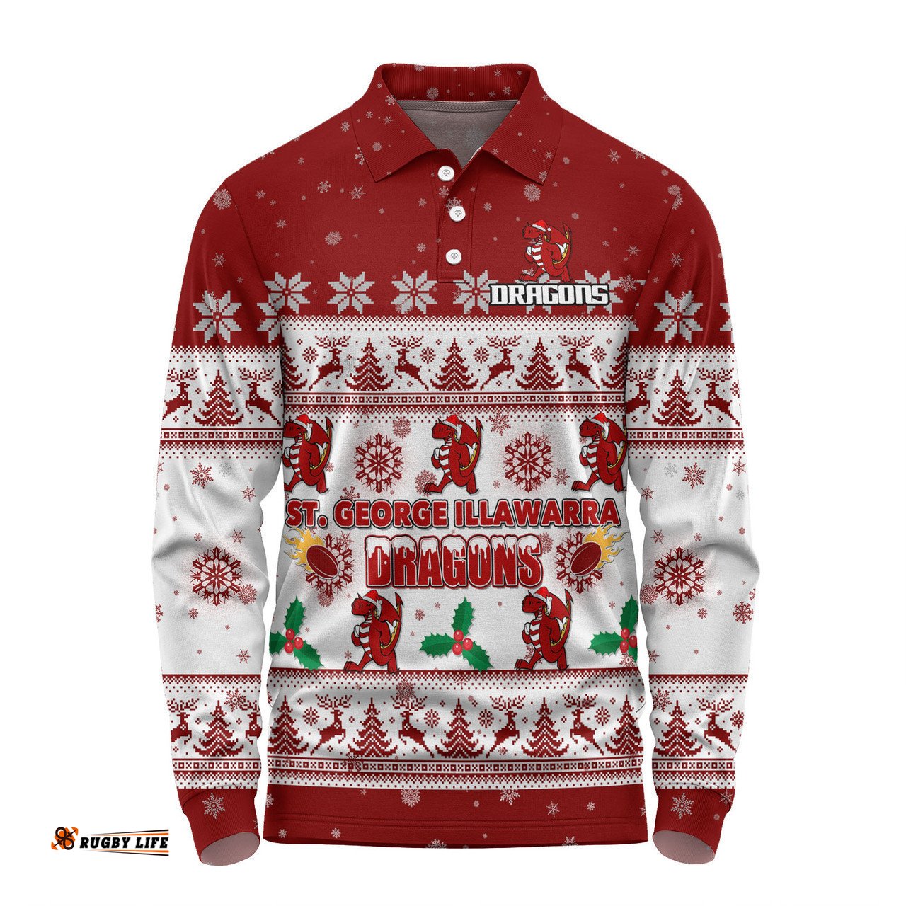 St. George Illawarra Dragons Christmas Custom Long Sleeve Polo Shirt - Special Ugly Christmas Long Sleeve Polo Shirt