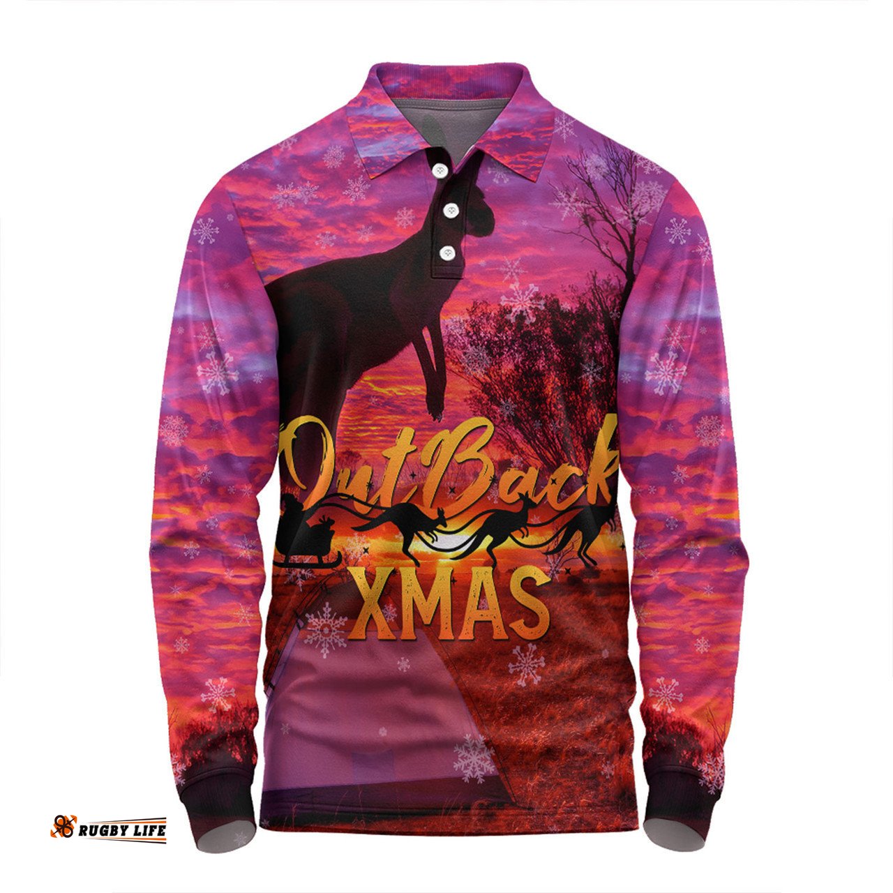 Australia Christmas Kangaroo Camping Long Sleeve Polo Shirt - Aussie Outback Merry Christmas Long Sleeve Polo Shirt