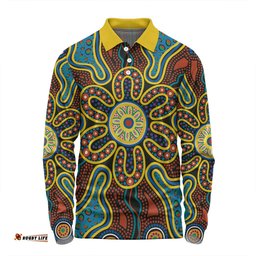 Australia Dot Painting Inspired Aboriginal Long Sleeve Polo Shirt - Aboriginal Color Dot Inspired Long Sleeve Polo Shirt