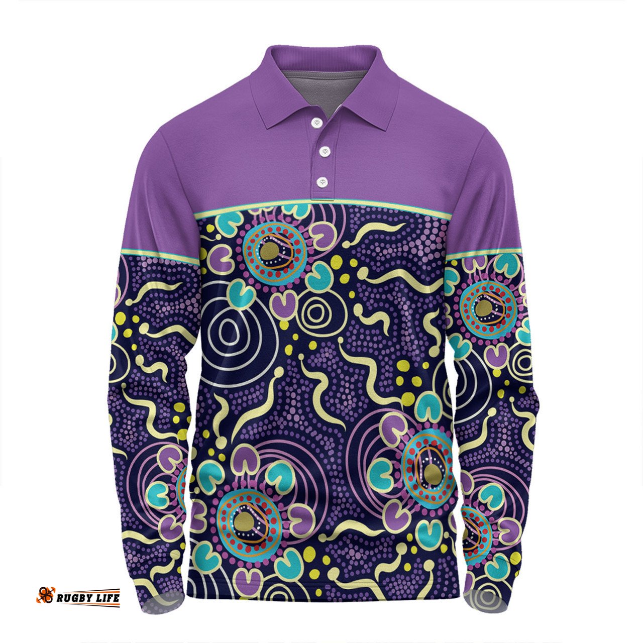 Australia Aboriginal Custom Long Sleeve Polo Shirt - Purple Painting With Aboriginal Inspired Dot Long Sleeve Polo Shirt