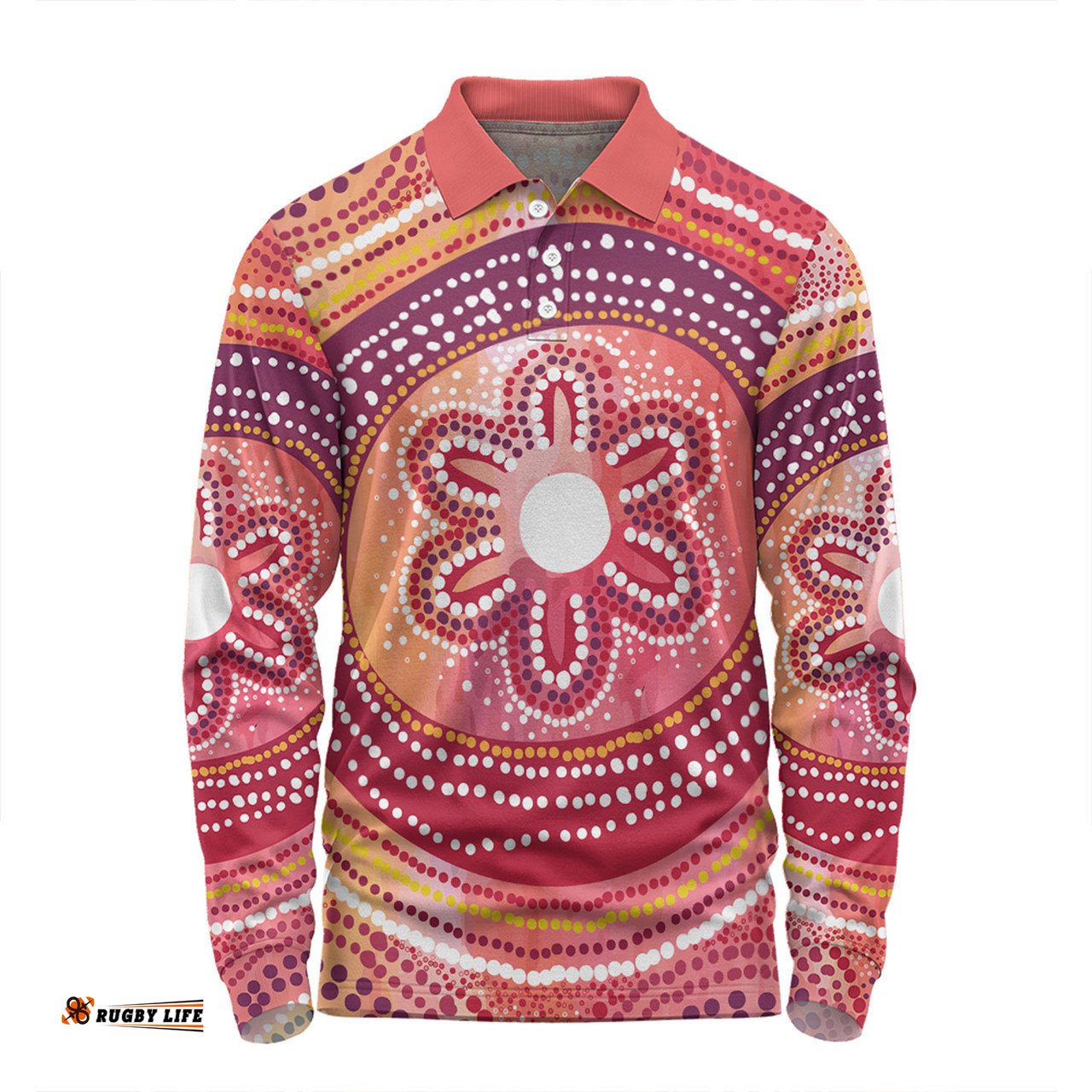 Australia Dot Painting Inspired Aboriginal Long Sleeve Polo Shirt - Aboriginal Style Dot Long Sleeve Polo Shirt