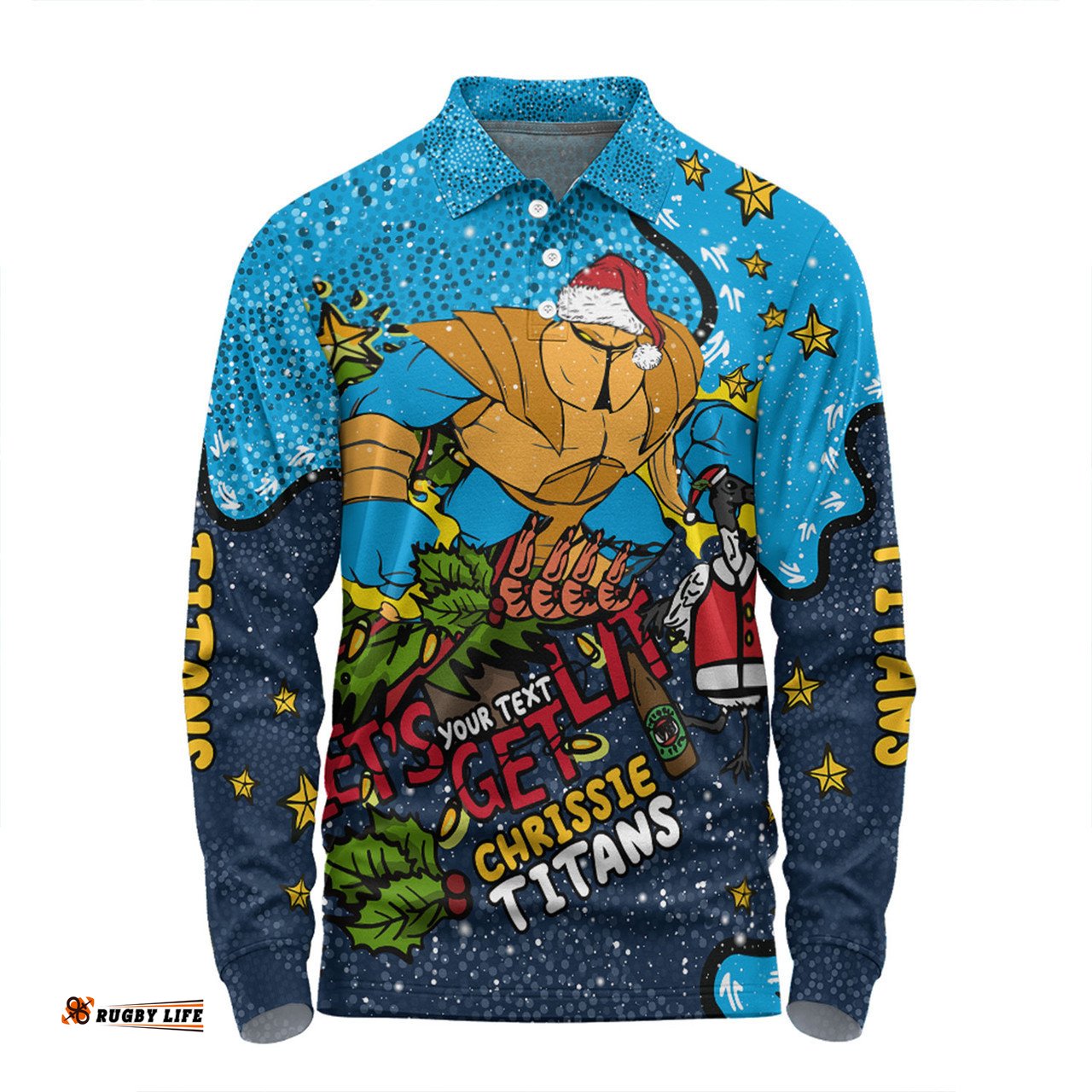 Gold Coast Titans Christmas Custom Long Sleeve Polo Shirt - Let's Get Lit Chrisse Pressie Long Sleeve Polo Shirt
