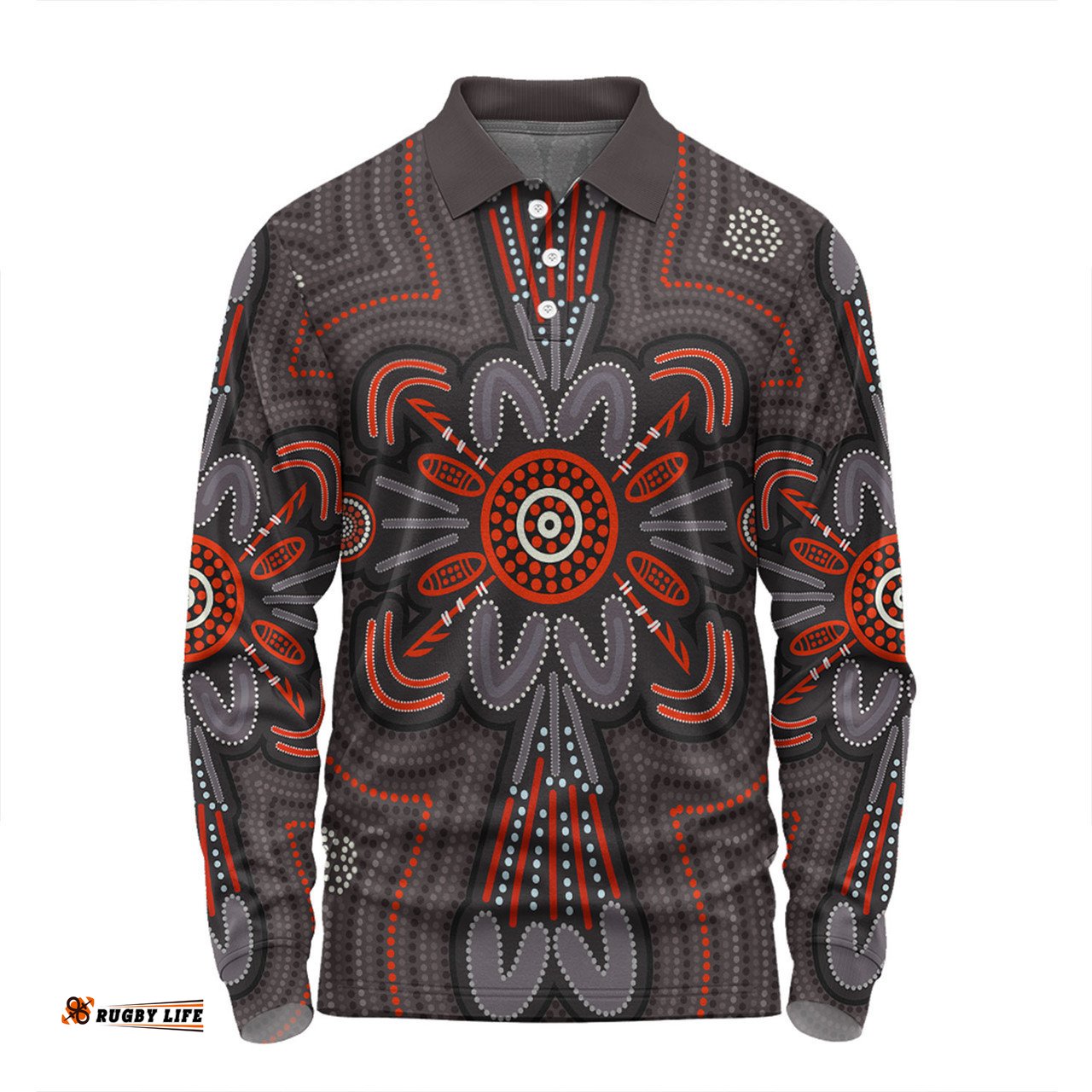 Australia Dot Painting Inspired Aboriginal Long Sleeve Polo Shirt - Aboriginal Dot Indigenous Art Inspired Long Sleeve Polo Shirt