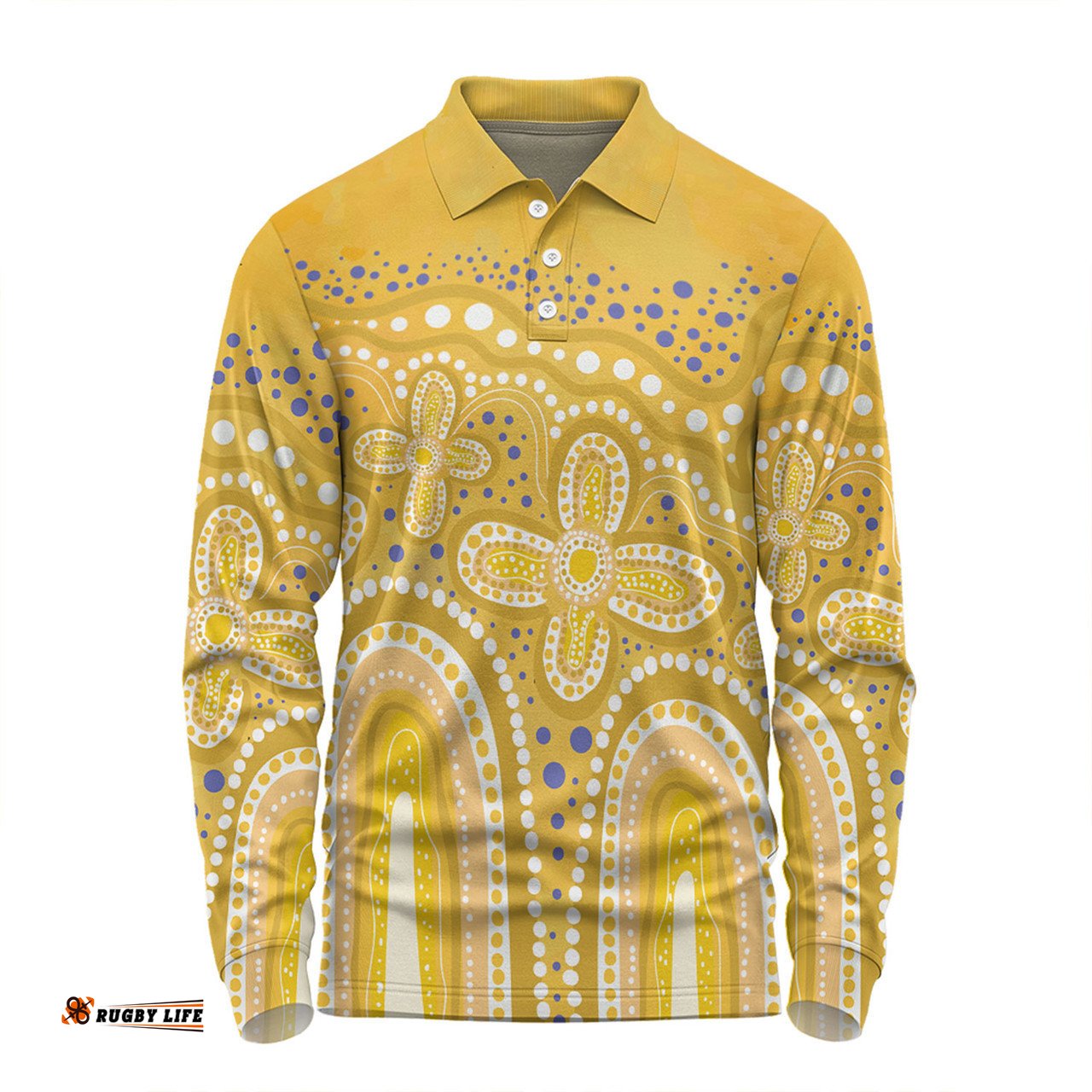 Australia Aboriginal Long Sleeve Polo Shirt - Dot painting illustration in Aboriginal style Yellow Long Sleeve Polo Shirt