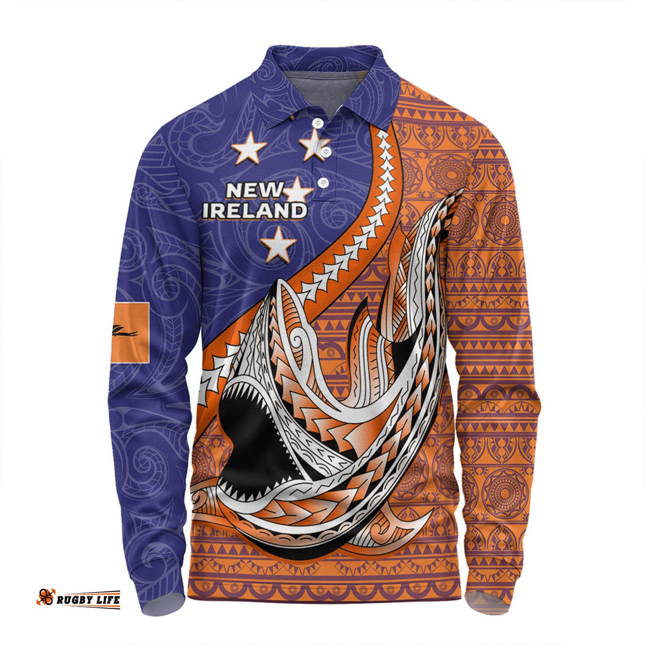 Australia  South Sea Islanders Long Sleeve Polo Shirt - New Ireland Flag With Polynesian Shark Pattern Long Sleeve Polo Shirt