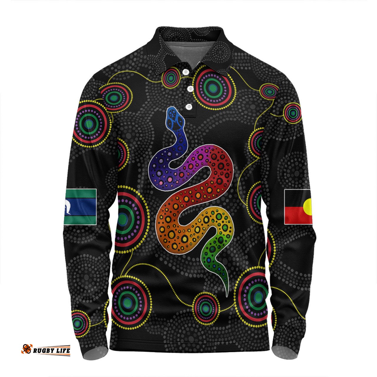 Australia Aboriginal Custom Long Sleeve Polo Shirt - Indigenous Dreaming Rainbow Serpent Inspired Long Sleeve Polo Shirt