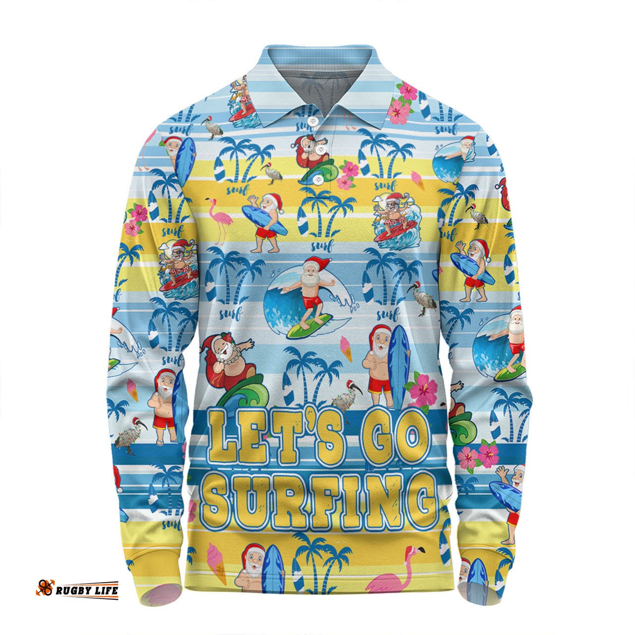 Australia Surfing Christmas Long Sleeve Polo Shirt - Tropical Santa Let's Go Surfing Long Sleeve Polo Shirt