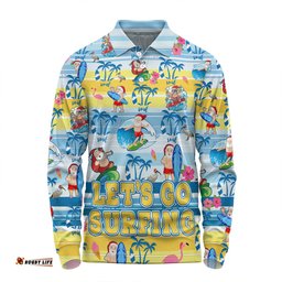 Australia Surfing Christmas Long Sleeve Polo Shirt - Tropical Santa Let's Go Surfing Long Sleeve Polo Shirt