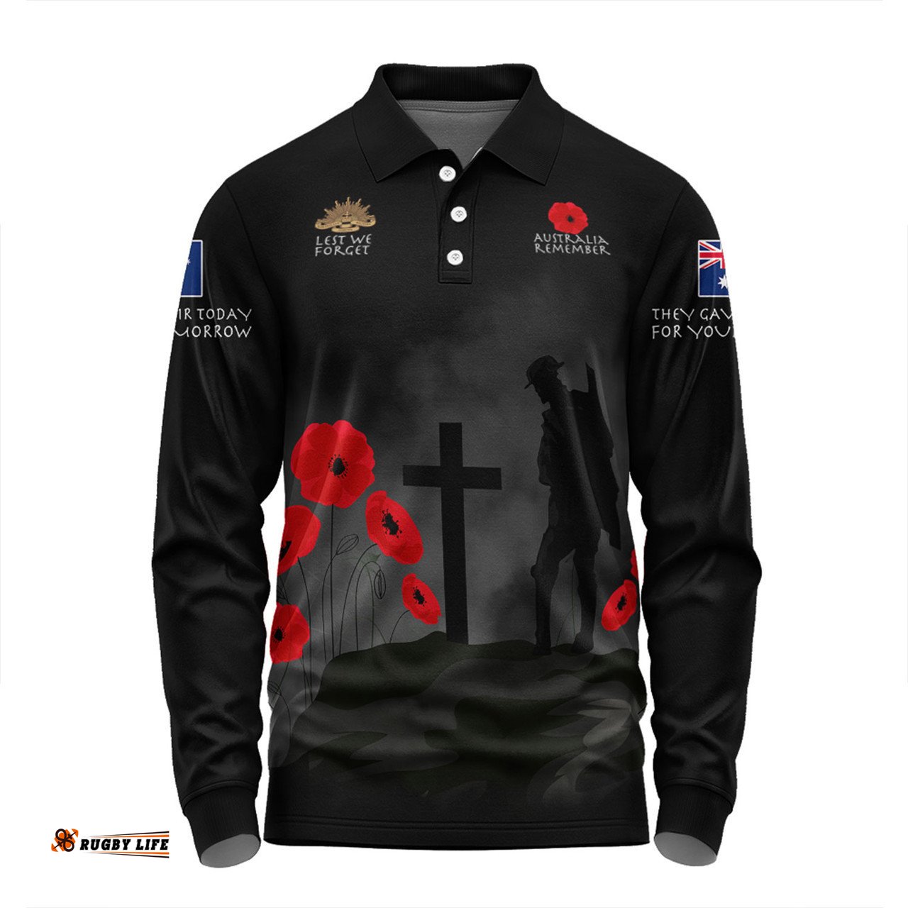 Australia Anzac Day Long Sleeve Polo Shirt - Australia Remember Black Long Sleeve Polo Shirt