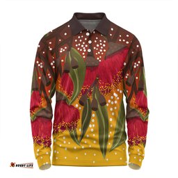 Australia Aboriginal Long Sleeve Polo Shirt - Red Eucalyptus Aboriginal Dot Art Long Sleeve Polo Shirt