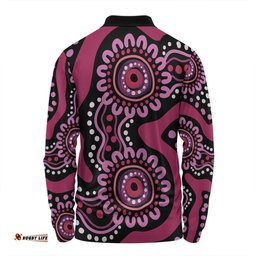 Australia Dot Painting Inspired Aboriginal Long Sleeve Polo Shirt - Pink Flowers Aboriginal Dot Art Long Sleeve Polo Shirt